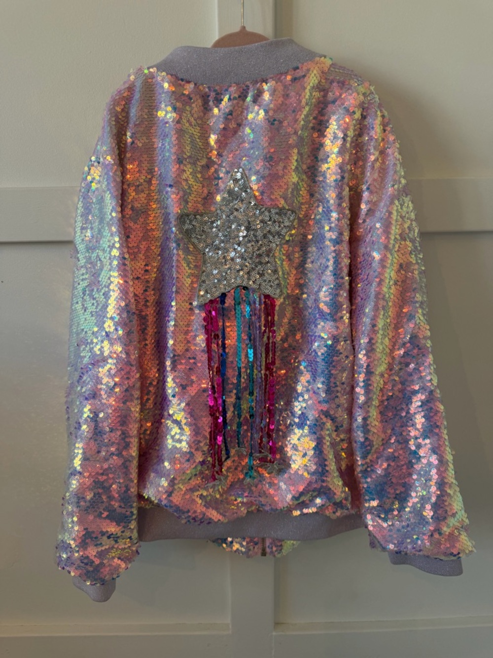 Lola and the Boys Girls Iridescent Sequin Bomber Jacket - Lavender size 12 - Picture 3 of 3